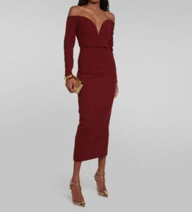 Roland Mouret Women's Red Wool Deep V-Neck Off-Shoulder Sheath Dress Size 12 - Picture 1 of 4