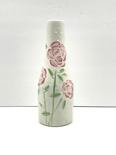 White Porcelain Vase Hand painted Rose on Stem Textured 7.75" Tall