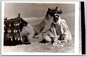 RPPC Close Desert Camel w/Howdah Resting & Arab Bedouin Rider w/Keffiyeh~Syria? - Picture 1 of 2