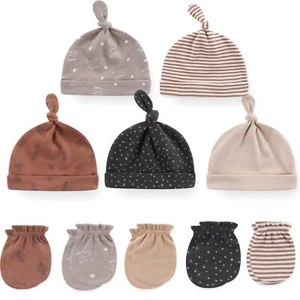 Newborn Baby Hat and Mittens Set 100% Cotton Infant Cap Boys and Girls 0-6M - Picture 1 of 4