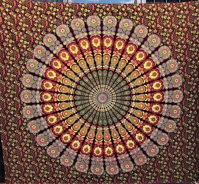 Hippie Bohemian Psychedelic Peacock Mandala Wall Hanging Bedding Indian Tapestry - Image 1 of 4