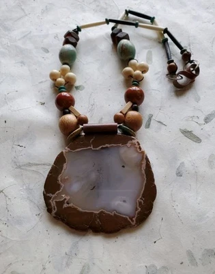 Enorme collar colgante artesanal de piedras preciosas de ágata turquesa (?) Vidrio de cobre Boho Foto 1 de 4