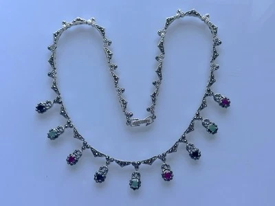 Ruby Emerald Sapphire Marcasite 925SS Station Bib Chain Necklace - Image 1 of 4