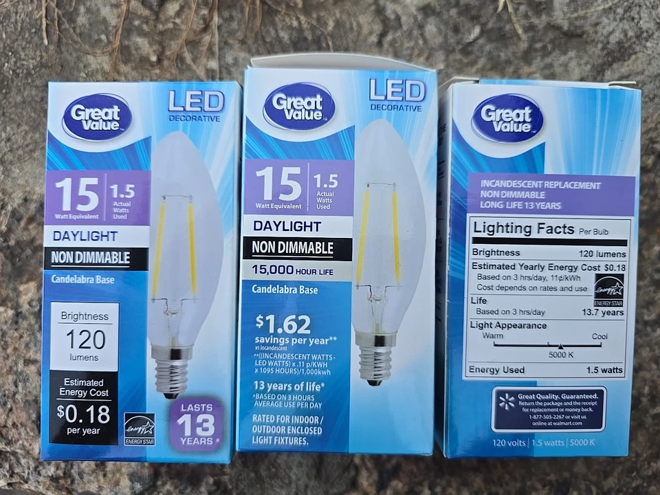 3x Great Value 1.5w LED Lamp Bulbs candelabra base - Image 1 of 1