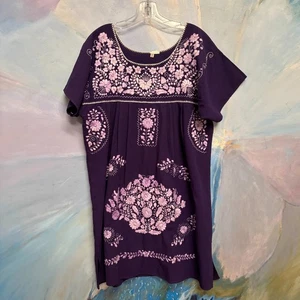 Mexican Purple Floral Embroidered Dress Guelaguetza Oaxaca Folk Festival Boho - Picture 1 of 7