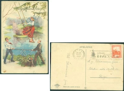 Letonia Riga 19.3 1940 Cachet Postal Atpūta Ziemā - Divkārša Atpūta Pascua Salaca Foto 1 de 3