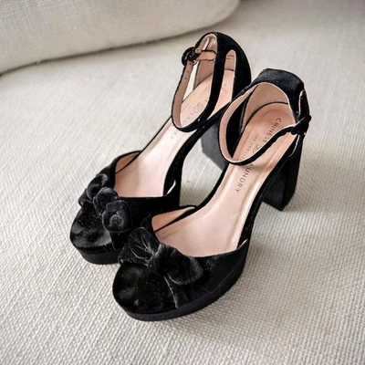 Chinese Laundry Black Velvet Theresa Open Toe Y2k Style Women's High Block Heels - Image 1 of 4