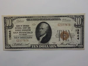 National Currency 1929 10 Dollar Bill San Francisco California Bank Paper Money  - Picture 1 of 2