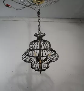 Antique Vintage Mid Century Modern Cage Pendant 3 Light Chandelier Black Iron - Picture 1 of 8