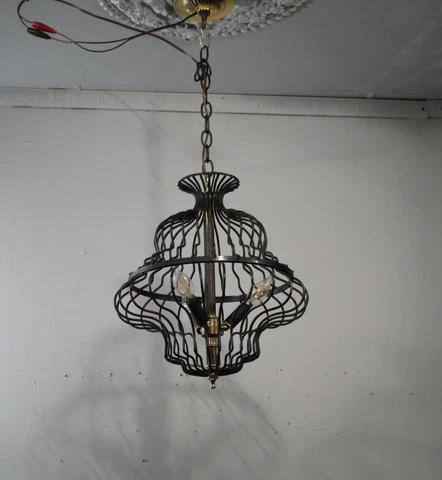 Antique Vintage Mid Century Modern Cage Pendant 3 Light Chandelier Black Iron Cover