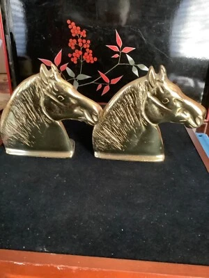 Vintage Brass Metal PERCHERON 2 Horse Head Bookends Set Virginia Metalcrafters - Image 1 of 3