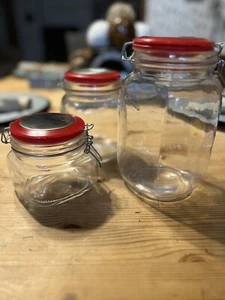 Ermetico 3 Pc Set Glass Jars With Hinges Red Lids - Picture 1 of 8