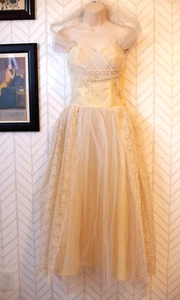 Vintage 1950s Yellow White Lace Tulle Strapless Sweetheart Evening Prom Dress - Picture 1 of 21