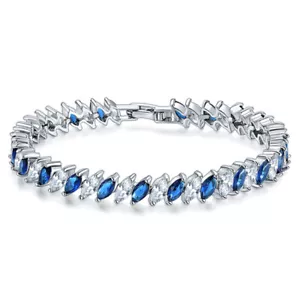 14K WHITE GF BLUE CLEAR MARQUISE CUT TENNIS BRACELET MADE WITH SWAROVSKI CRYSTAL - Picture 1 of 3