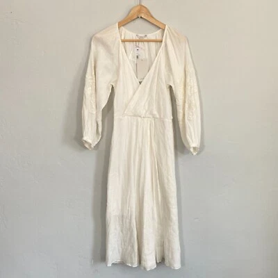 Joie Lidayne 裹身连衣裙女式小号白色刺绣 Midi 全新 — 第 1/4 张图片