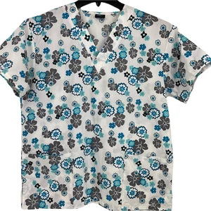 MG Medgear Scrub Top Womans Size S White With Blue And Black Flowers - Picture 1 of 5