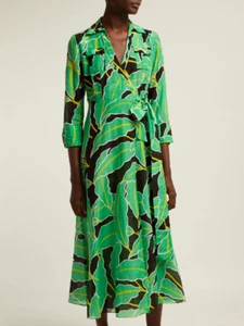 DIANE VON FURSTENBERG DVF Full Length Palm Windsor Floral Green Wrap Dress