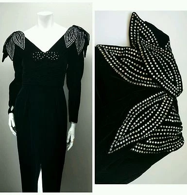 Vestido de noche de terciopelo con estrás negro de colección años 80 ROSE TAFT COUTURE XS 0 Foto 1 de 4