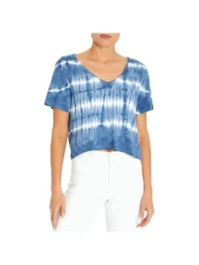 THREE DOTS Womens Blue Tie Dye Short Sleeve V Neck T-Shirt S - Picture 1 of 9