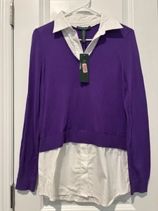 Lauren Ralph Lauren Sweater Womens PM Petite Purple White Twofer Shirt - Picture 1 of 7