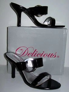 Brand New SEXY Black Patent Leather Slides~Heels~Sz 7.5 M~MIB~DROP DEAD GORGEOUS - Picture 1 of 8