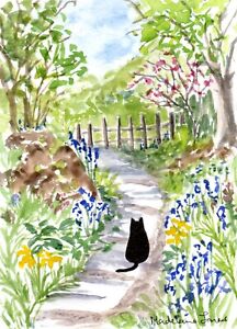 Black Cat Spring Garden  5.5" x 7.5" Original watercolour painting