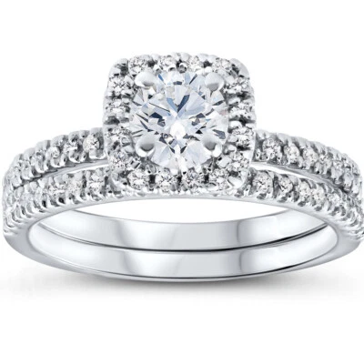 VS 5/8 Ct Lab Grown Diamond Cushion Halo Engagement Wedding Ring Set White Gold - Image 1 of 4