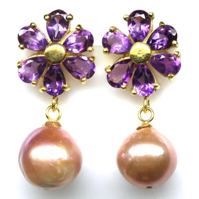 Pedra preciosa 10 mm. Brincos de prata 925 de pérola barroca rosa e ametista roxa - Imagem 1 de 4