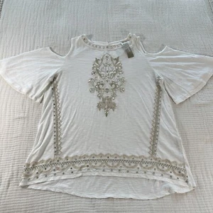 Chicos Top Womens 2 Large Off White Cold Shoulder Mirror Indian Boho Embroidered - Picture 1 of 14