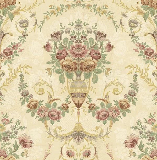 Wallpaper Victorian French Floral Urns on Beige Faux , 56 sq ft per bolt - Image 1 of 1