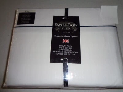 SAVILE ROW LONDON KING Sheet Set 100% Combed Cotton Percale Luxury Navy piping - Image 1 of 4