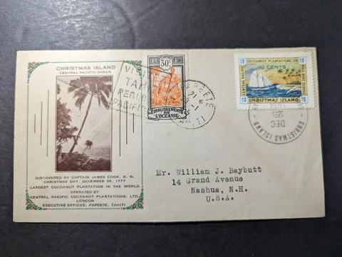 1934 Christmas Island Cover Papeete Tahiti to Nashua NH USA Cover