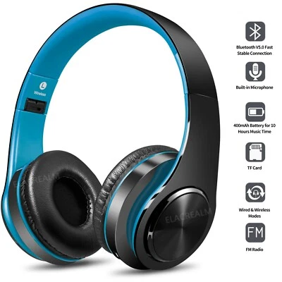 Blue Wireless Bluetooth Foldable Headphones Over Ear Hi-Fi Stereo Headset PC TV - Image 1 of 4