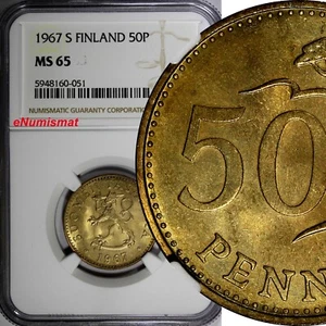 Finland Aluminum-Bronze 1967 S 50 Pennia NGC MS65 1 GRADED HIGHEST KM# 48 (51) - Picture 1 of 4