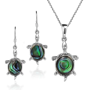 Juego de aretes collar plata esterlina .925 Sea Life Happy Turtles concha de abulón - Imagen 1 de 6