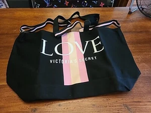 Victory Secret Love Weekender Large Tote Bag Black Pink Stripes New - Picture 1 of 8