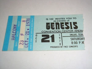 Boleto de concierto Génesis 1978 talón Dallas Center Texas Phil Collins efímero EE. UU. - Imagen 1 de 5