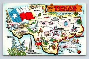 Pictorial Map State Flower Flag Greetings From Texas TX Postcard - Picture 1 of 4