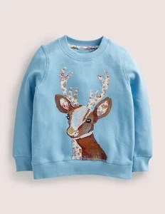 MINI BODEN Sweatshirt Embroidered Reindeer Deer Blue Floral NWT New 11-12 - Picture 1 of 9