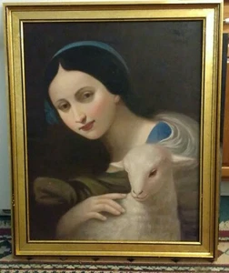 MASTERPIECE "Girl and Lamb" Sheep; HAND PAINTED PORTRAIT OIL ON CANVAS - Picture 1 of 8