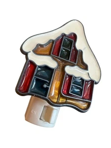Stained Glass Style Plastic Night Light With Snowy House Design Winter Holiday - Picture 1 of 5