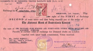 AUSTRALIA - MALTA 1949, BILL OF EXCHANGE WITH REVENUE & POSTAGE STAMP. #D58 - Picture 1 of 1