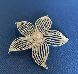 Sarah Coventry Moon Flower Brooch Silver Tone Faux Pearl Signed Vintage Pin - Picture 1 of 5