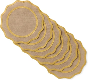 Manteles individuales 6 pzs natural redondos 15x15 pulg borde mostaza tejido - Imagen 1 de 12