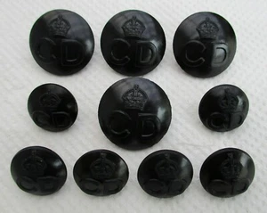 Set 10x WW2:"CIVIL DEFENCE BLACK BUTTONS" (24mm-17mm, CD, Kings Crown, SD Tunic) - Picture 1 of 3