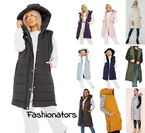 LADIES HOODED QUILTED LONG PUFFER GILET JACKET PADDED BODY WARMER POCKETS ZIPS - Picture 1 of 26