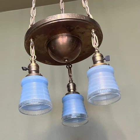 Vintage Antique 1910’s Pan Style Chandelier With Blue Glass Shades - Restored! Cover