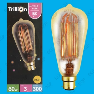 2x 60W Gold Antique Vintage Style Squirrel Cage Dimmable Light Bulb BC B22 Lamp - Picture 1 of 1