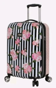 Valigia Betsey Johnson Stripe/Roses 20 pollici rigida bagaglio a mano trolley nuova senza etichette - Foto 1 di 24