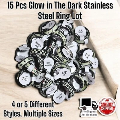 15 Pcs Random Stainless Steel Glow In The Dark Band Ring Lot. Different Styles - Image 1 of 3